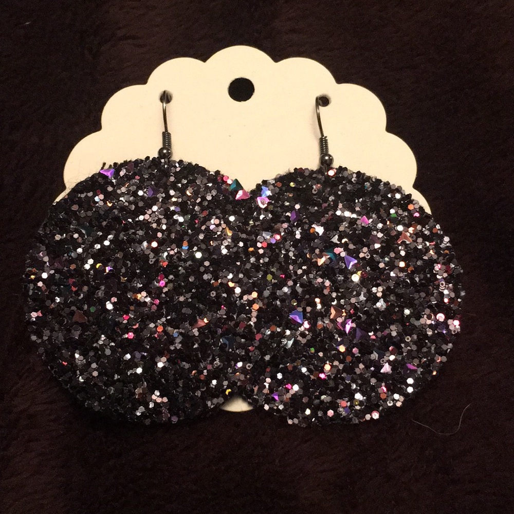 Glittery black faux leather earrings!